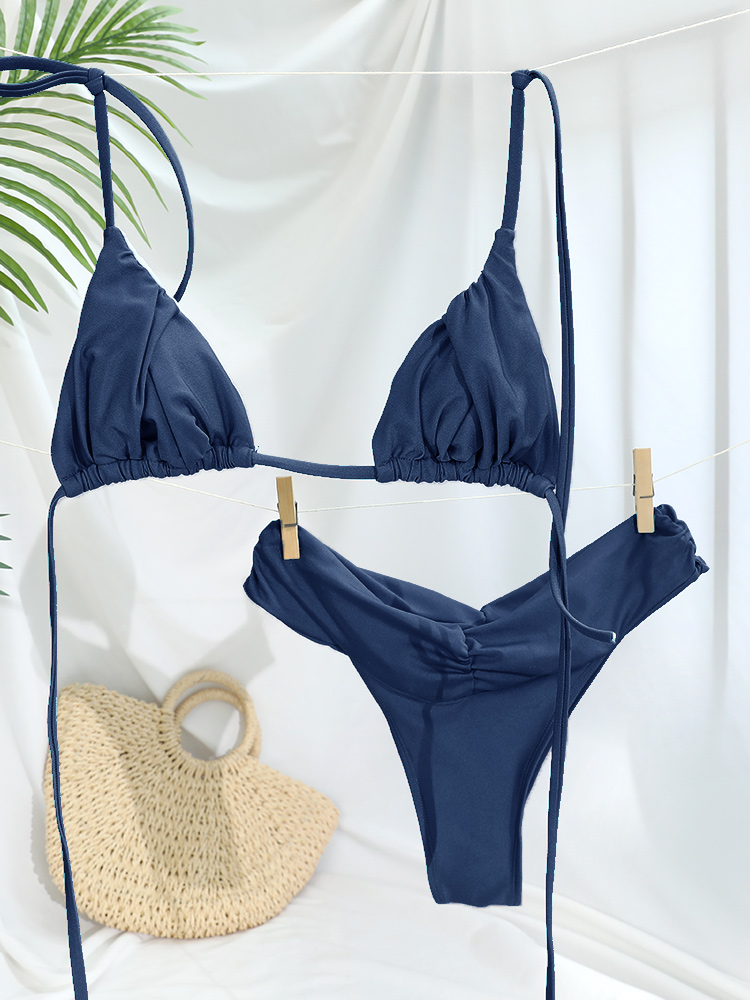 Thong Bikini Women - Sexy dobras conjunto de biquíni sólido